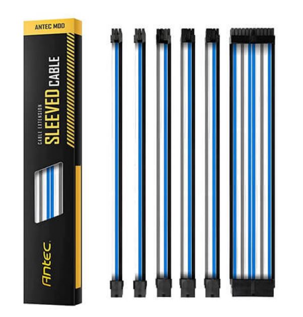 Antec PSU - Sleeved Extension Cable Kit V2 - Blue / White / Black . 24PIN ATX, 4+4 EPS, 8PIN PCI-E, 6PIN PCI-E, Compatible with Standard PSU Antec PSU - Sleeved Extension Cable Kit V2 - Blue / White / Black . 24PIN ATX, 4+4 EPS, 8PIN PCI-E, 6PIN PCI-E, Compatible with Standard PSU